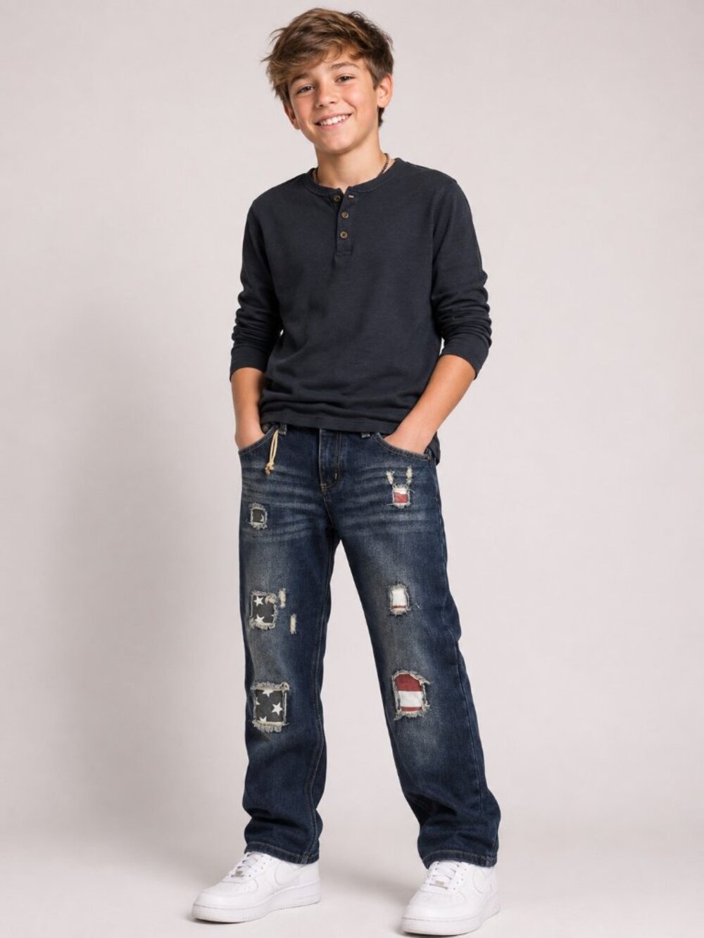 Agile Jeans Dark Acid Wash Distressed Patched Straight Leg Jeans Boys 20 NWOT